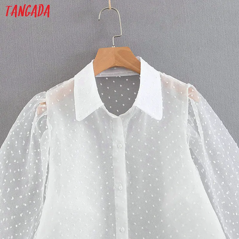  Tangada women white chiffon blouse transparent long sleeve turn down collar female oversized shirts