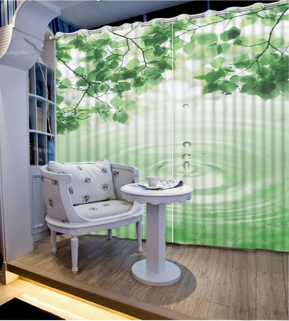 High quality blackout bedroom curtains water green leaf custom curtains