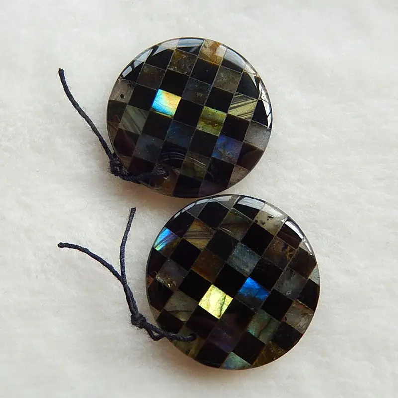 Natural Labradorite,Obsidian Intarsia Gemstone Earring Bead,29x29x4mm