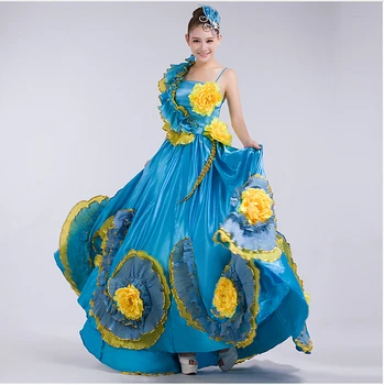 

big swing blue handmade flower female costume banquet group dancce modern dance stage performance clothes