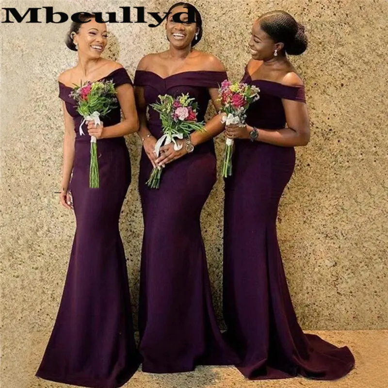 

Mbcully Sexy Off Shoulder Bridesmaid Dresses 2019 Wholesale Purple Satin Long African Mermaid Maid Of Honor Dress For Women