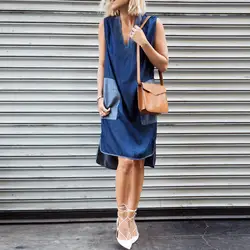 2019 летние Для женщин платье без рукавов пикантные женские синего джинсового цвета лоскутное Vestido Повседневное свободные V длинное платье с