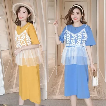 

2019 summer new mesh stitching maternity dress Korean fashion short sleeve loose pregnancy skirt