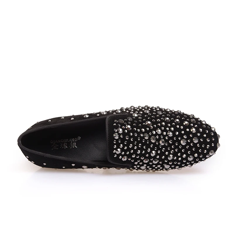 Brand Designer Men Black Crystal Shoes New Genuine Leather Fashion Men's Flats Prom Male Loafers Size 39-46