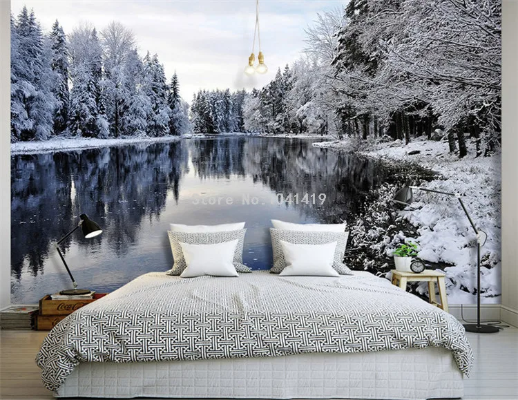 Фото обои 3D Снежный пейзаж озеро Природа пейзажи Настенные обои Гостиная Спальня задний план настенные покрытия домашний Декор 3D
