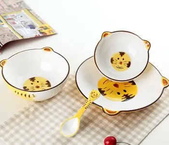 

Children's tableware set Creative hand painted Tiger ceramic dinner set Cute cartoon animal relief bowl plate set HJ01.5
