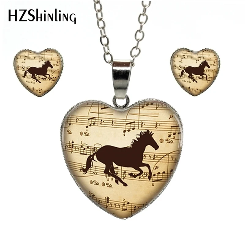 

HZShinling HES-012 Fashion Horse Heart Pendant Necklace & Earrings Handmade Music Horse Jewelry Glass Cabochon Birthday Necklace