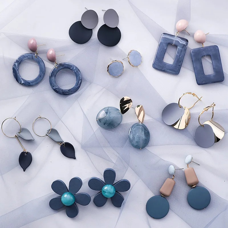 

New Korean Summer Earrings For Women Geometric Fashion Acrylic Irregular Hollow Blue Color Metal Drop Earrings Trendy Jewelry