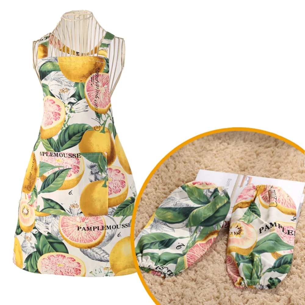 

SewCrane Kitchen Apron Vintage Fruits Lemon Print Apron with a pocket and oversleeves