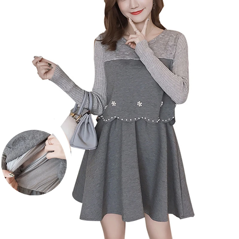 

Maternity Winter Thick Nursing Dress Breastfeeding Tunic Plus Size Dresses for Pregnant Women Beading Elegant Fashion Clothes