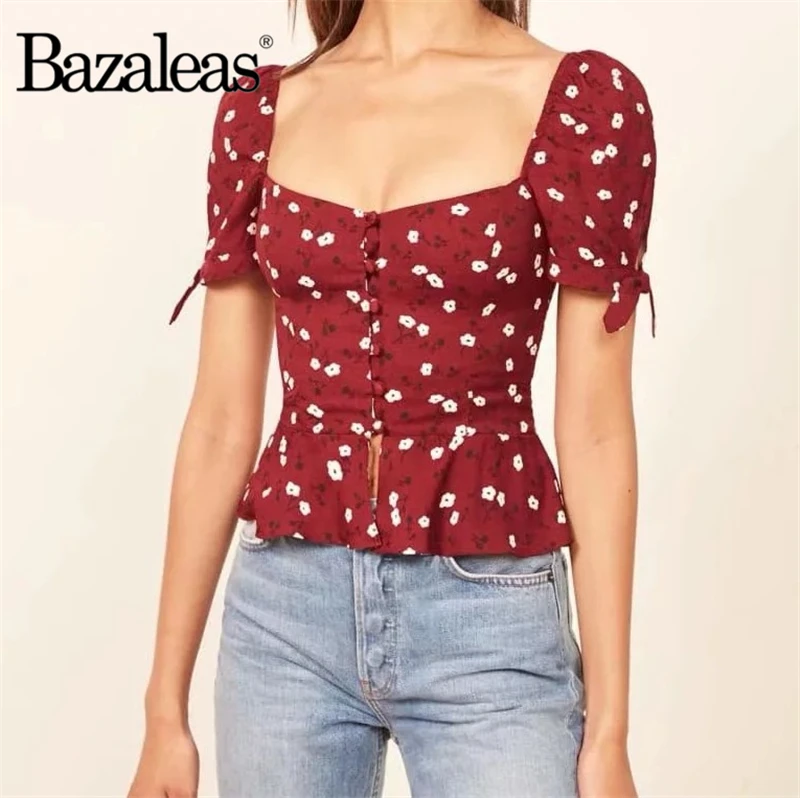 

Bazaleas 2019 women blusa feminina Center buttons blusas Red Floral Print blouse Square Collar Ruffles