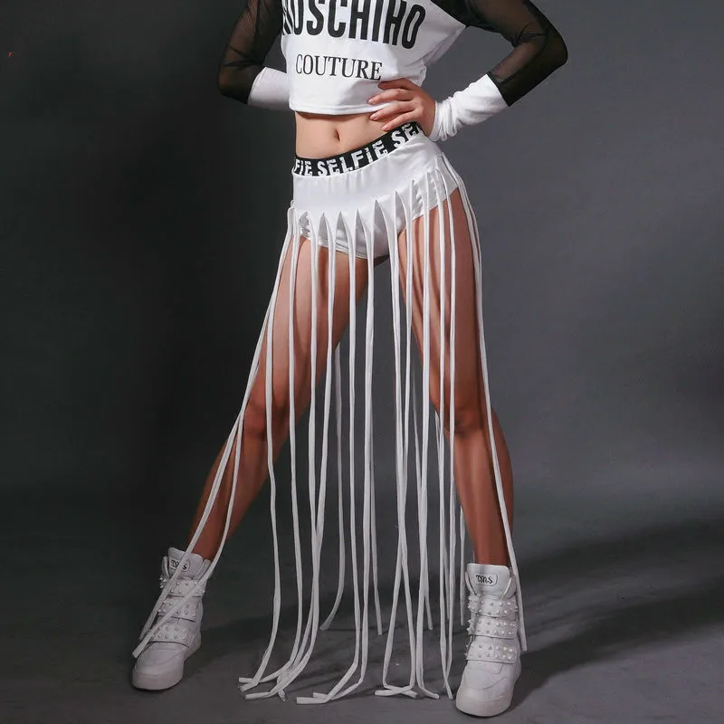 White skirt 0118 летние хип-хоп шорты женские танцевальные с кисточками белые черные с низкой талией сексуальные мини шорты Полюс танец уличная выступления сцена - Цвет: White skirt