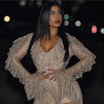 

Fashion Ruffles Lace Jumpsuit High Quality Women Sexy Deep V Neck Bodycon Long Sleeve Split Celebrity Night Party Jumpsuits 2018