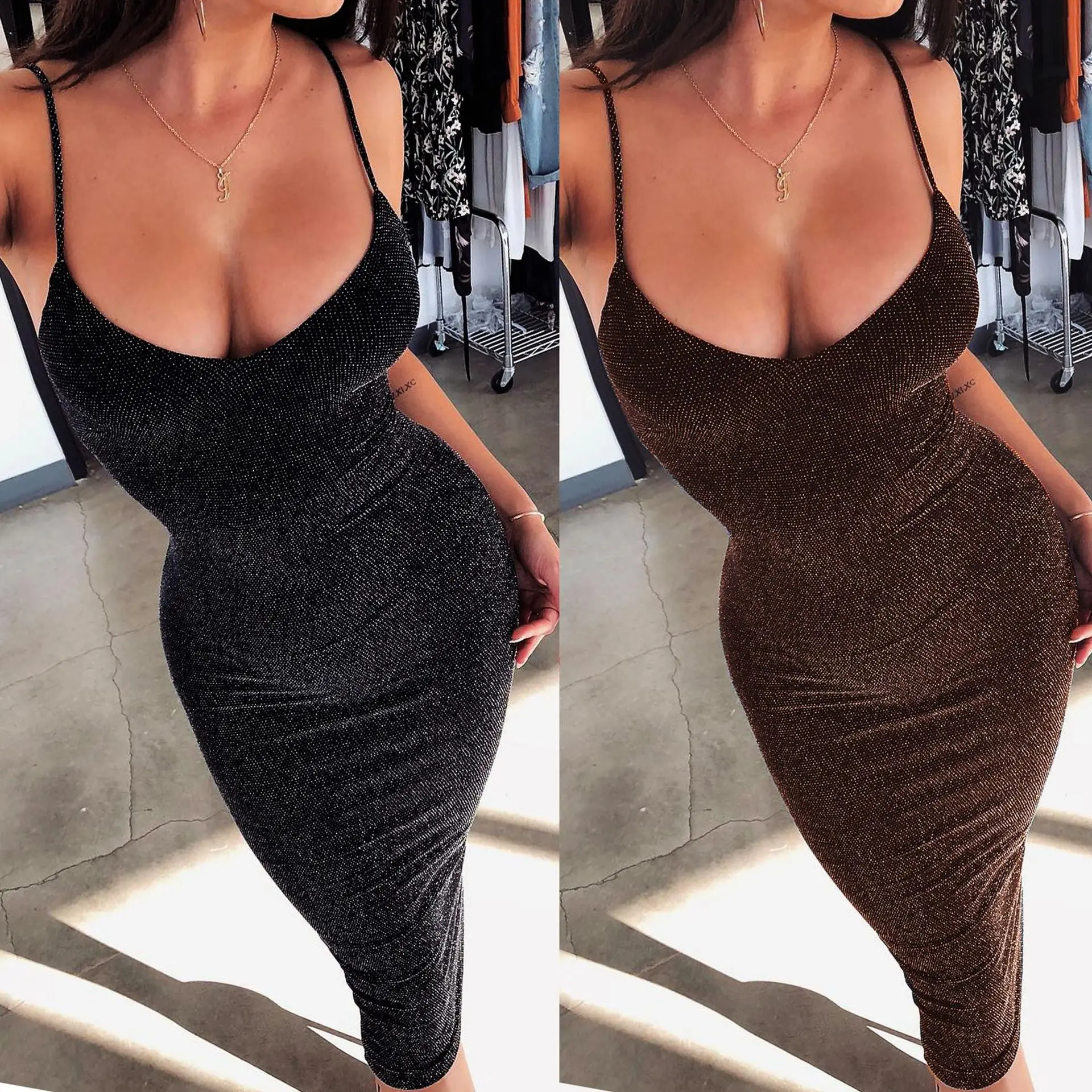 

2019 Sexy New Arrivals Black Brown Spaghetti Strap Skinny Knee-legth Club Dress Women Dress Sexy Dress Party Dress