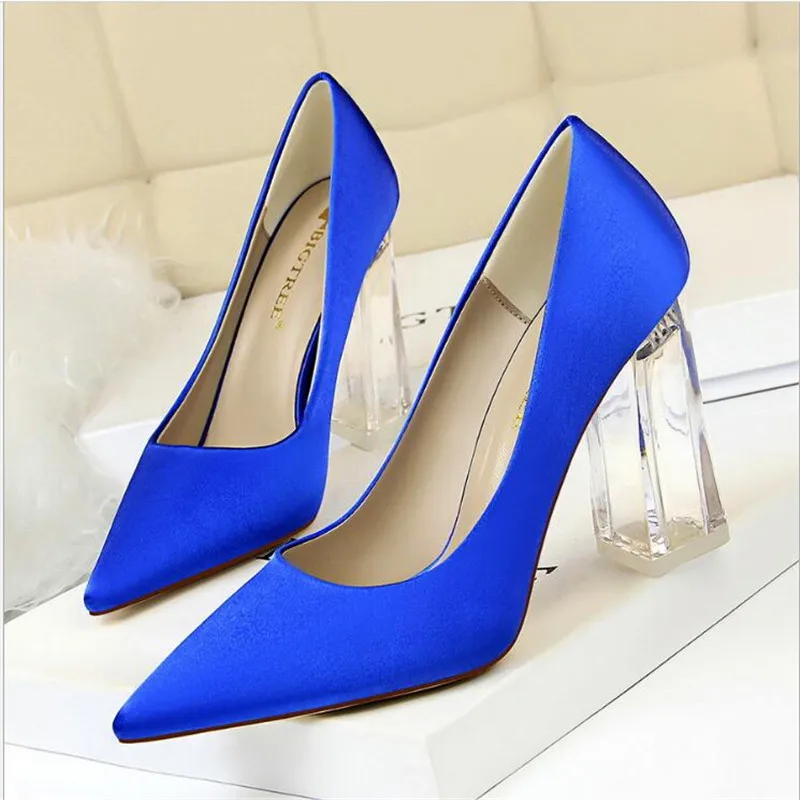 

2019 Plus Size 43 Women Block 10cm High Heels Lady Scarpins Green Satin Pumps Female Wedding Yellow Blue Silk Transparent Shoes