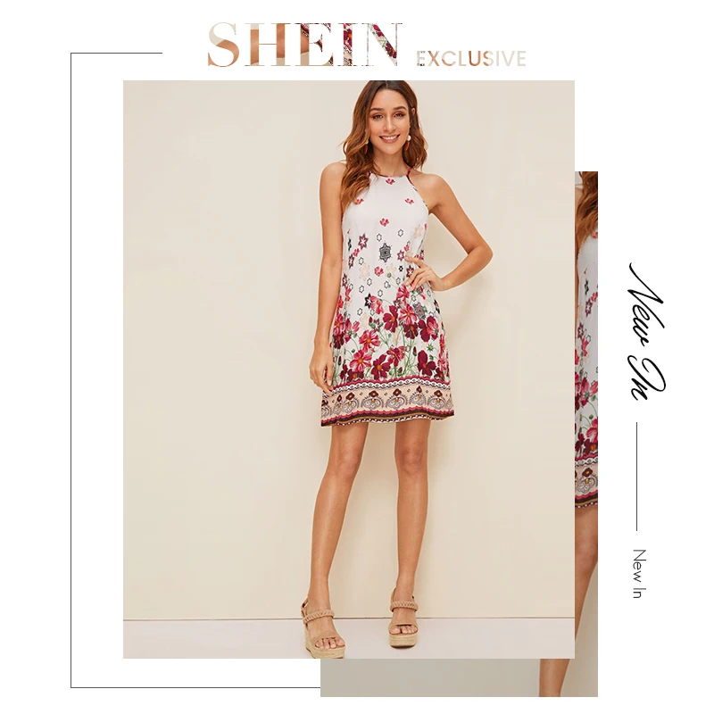 SHEIN женское пляжное прямое платье с цветочным принтом на бретельках Boho летнее праздничное короткое платье без рукавов на пуговицах сзади