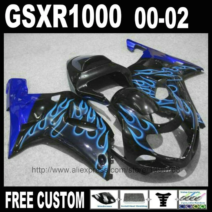 ABS Motorcycle fairings set for SUZUKI GSX-R1000 2000 2001 2002 blue flames in black fairing kit 00 01 02 K2 GSXR 1000 YH47 | Автомобили и
