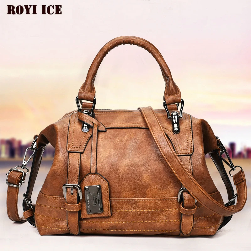 

Royi Ice Women Vintage Shoulder Bag PU Leather Handbag Solid Bucket Fashion Message Bag Simplicity Square Bag Brown Black Colors