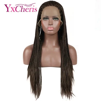 

24" Afro Long Synthetic Lace Front Braided Wigs for African Black Women 3X Box Braids Hair Brown Cosplay Party Wigs