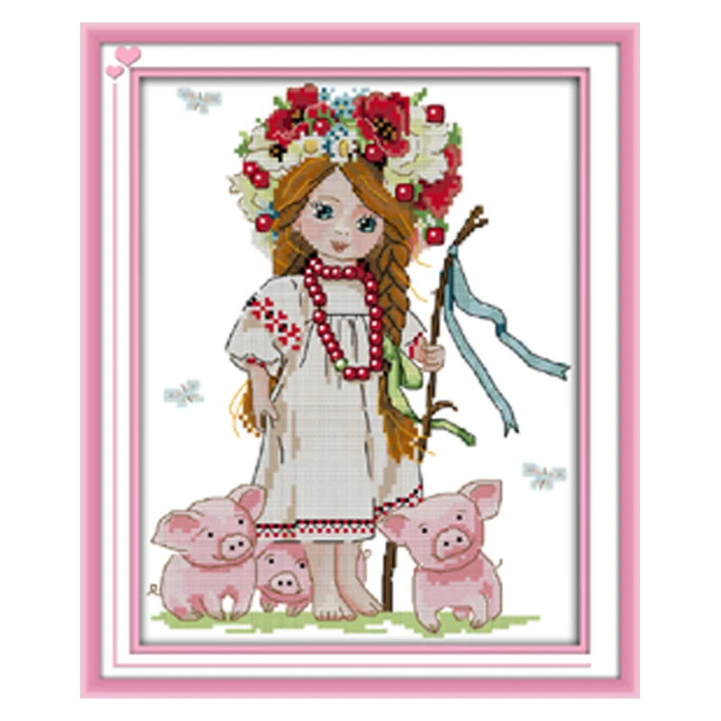 Joy Sunday Girl and pigletsDIY Needlework Cross Stitch Kits printed canvas set Easy embroidery needlework diy dmc cross stitch | Дом и сад