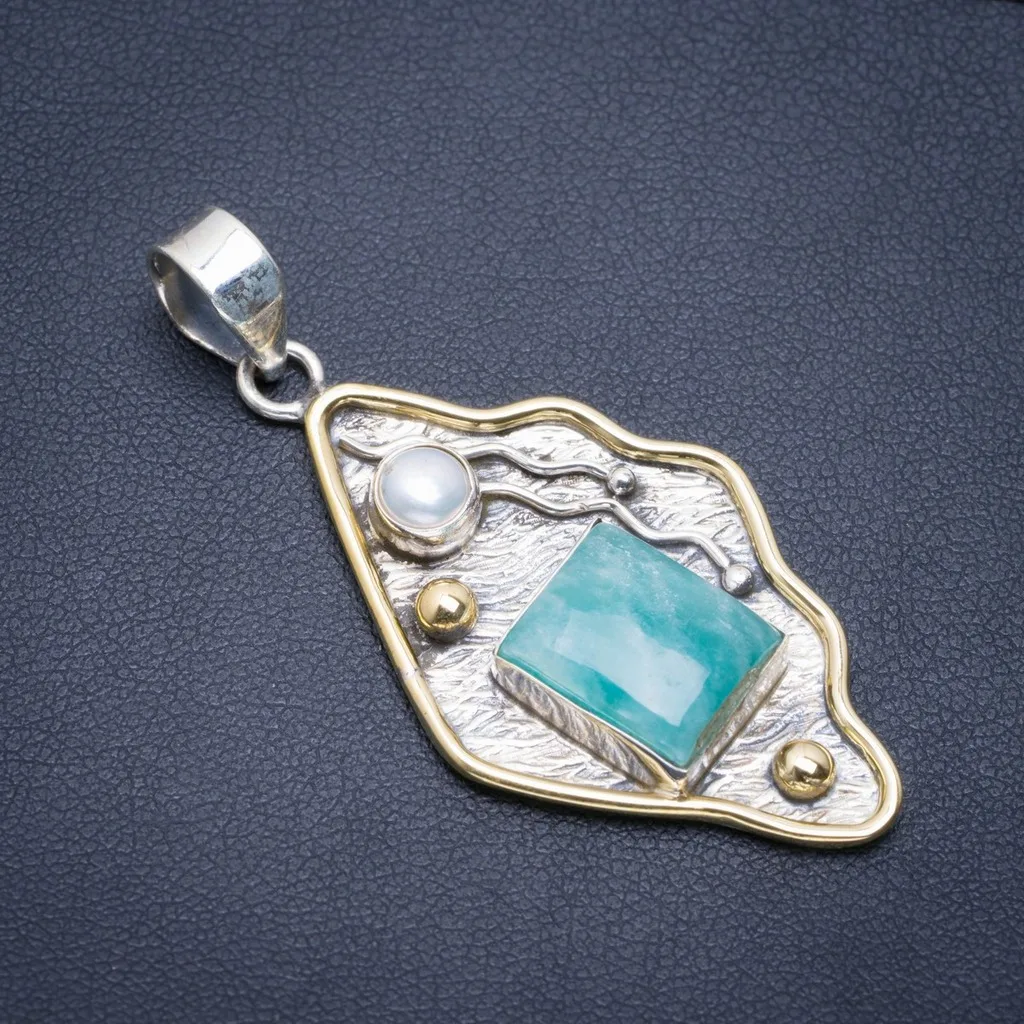 

Natural Two Tones Amazonite and River Pearl Handmade Unique 925 Sterling Silver Pendant 2" A1671