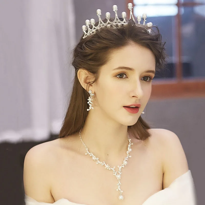 

Gorgeous Bridal Jewelry Set Simulated Pearls Princess Tiara Crown Wedding Headdress Hair Accessories Rhinestone Necklace Earring