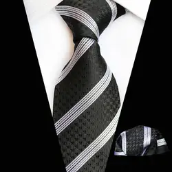 Для мужчин s галстук черный, серебристый цвет белый в полоску Шелковый тканый галстук, жаккардовый Hanky комплект Бизнес Свадебная вечеринка