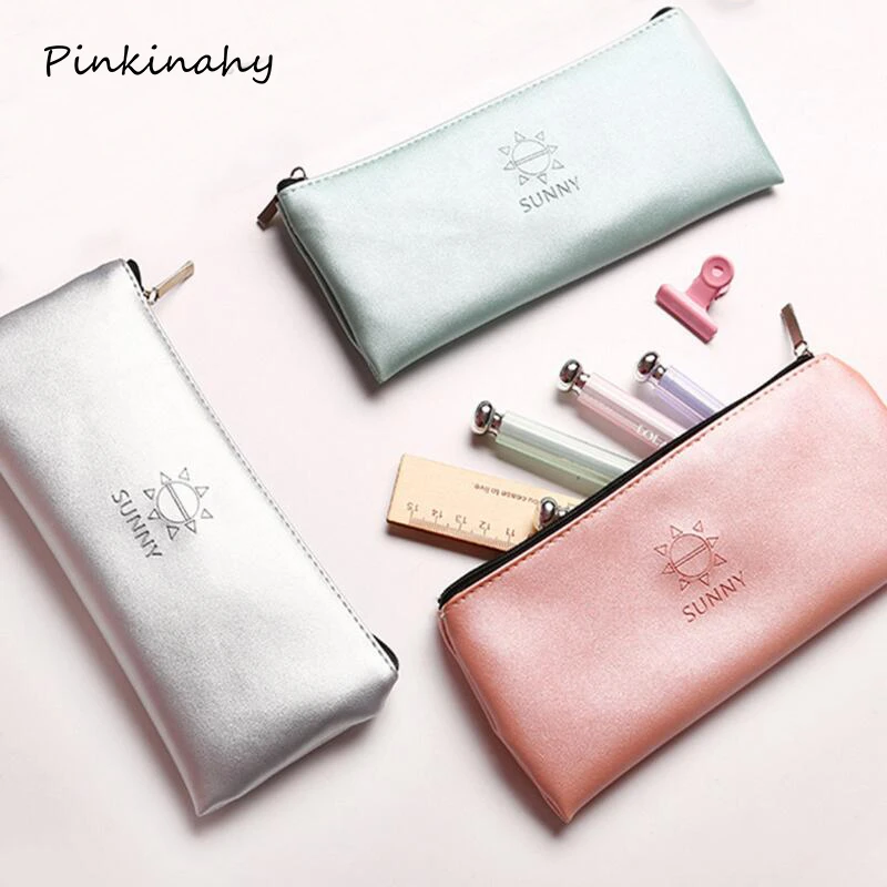 recomendado Simple PLATA estuche de cuero Rosa suministros escolares papelería regalo bolsa de almacenamiento caja de lápices|Estuches escolares| - AliExpress