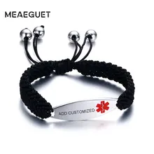 Браслет Meaeguet с гравировкой, медицинский алерт, ID браслет, регулируемый, черный, Плетеный, веревка, цепочка для женщин, мужчин, ювелирное изделие, не вызывает аллергии