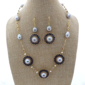 

S011907 19'' Gray Pearl Chain CZ Pave Flower Necklace Earrings Set
