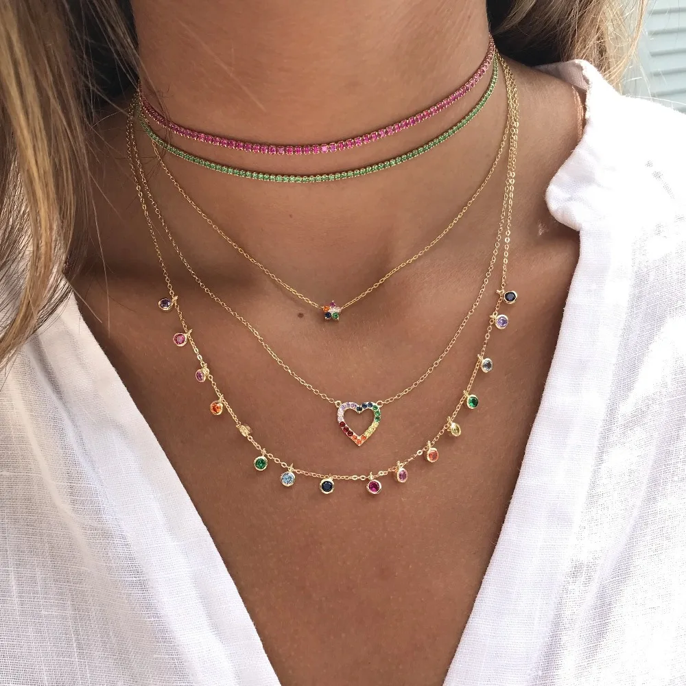 

rainbow cz simple cz charm delicate women girls jewelry 925 sterling silver statement fine silver charm choker necklaces classic