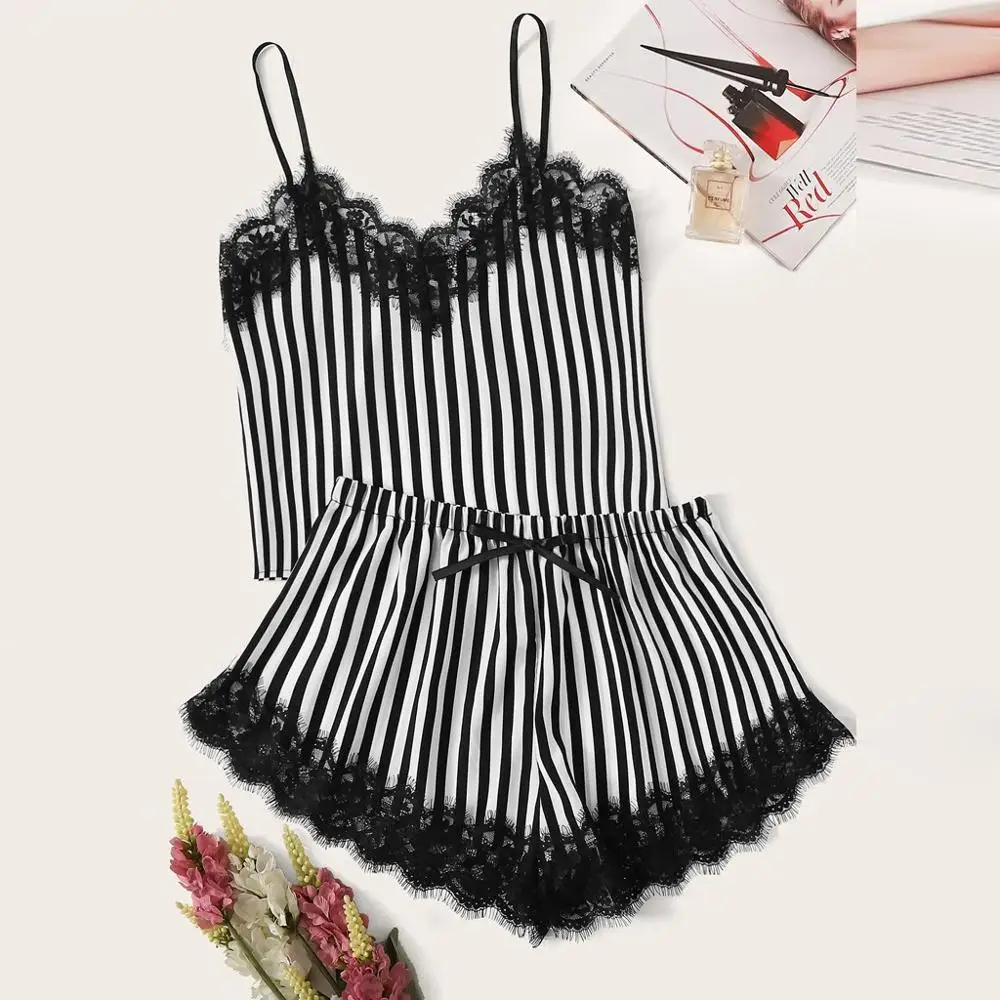 

New Women V-Neck Silk Lace Sexy Stain stripped Trim Camisole Pajamas Sleepwear Shorts Set home clothes sleeveless tops nightie