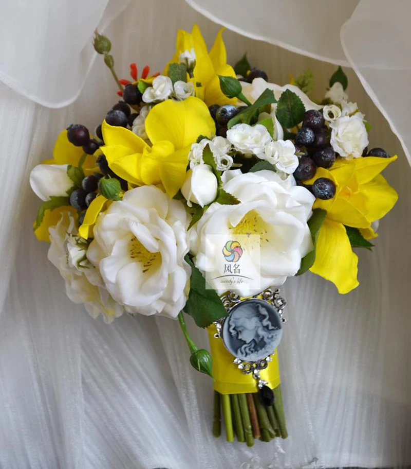 4756 10 De Réductionbouquet De Mariage Fleur De Mariage Floral Mariée Demoiselle Dhonneur Bouquets Mariée Tenant Fleur Jaune Blanc Artificiel