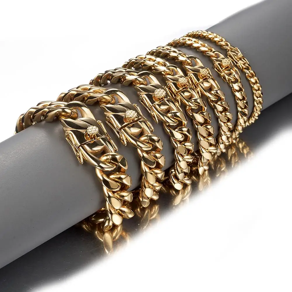 

7-11 Inches Length Gold Color 6/8/10/12/14//16/18mm Wide Stainless Steel For Men's Miami Curb Cuban Link Chain Bracelet Jewelry