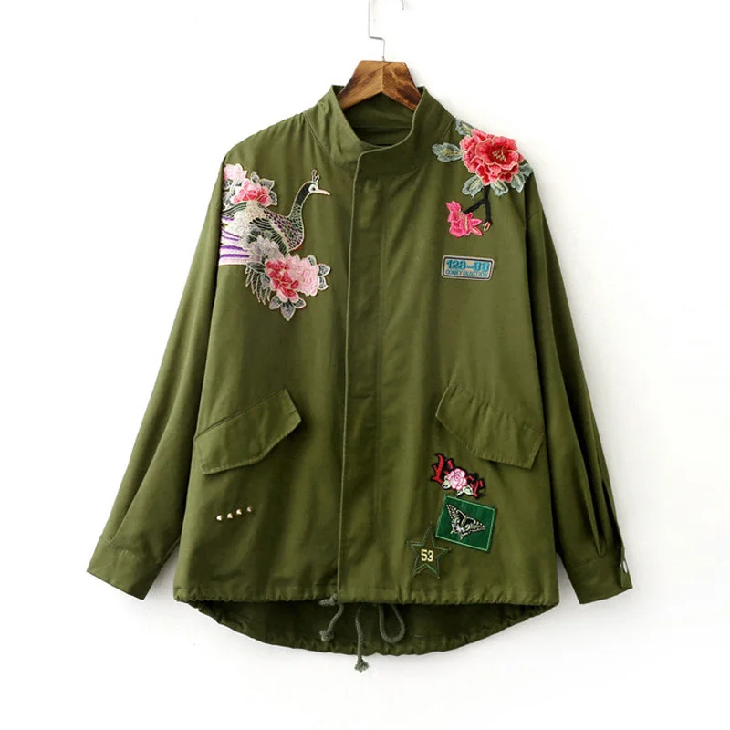 

Women Army Green Floral Embroidery Bomber Jacket Patched Rivet Design Loose Flight Jackets Casual Coat Punk Outwear Capa