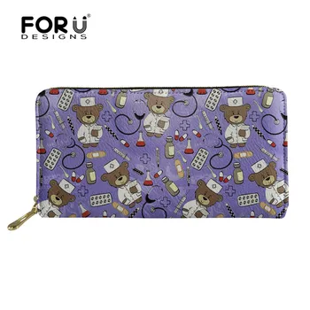 

FORUDESIGNS Ladies Purse Long Travel Women Wallet Cute Purple Cartoon Nurse Bear Print Girls Credit ID Card Holder Organizer Bag