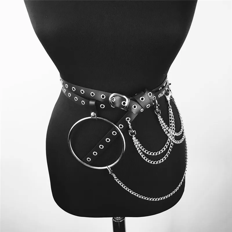 

Gothic Link Chains Faux Leather Waist Belt Body Harness Strap Punk Big O Ring Metal Eyelets Rivets Adjustable Body Bondage Belts