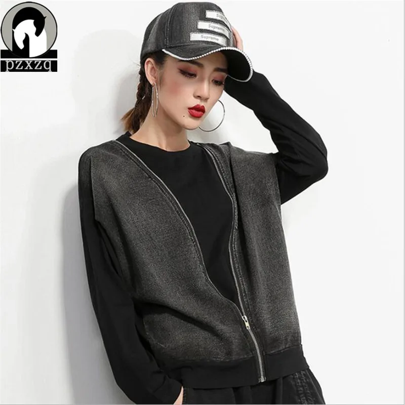 

2018 Autumn And spring New Stitching Denim Slim T-shirt Zipper T-shirt Long-sleeved Shirt Women's O Neck Black Long-sleeved Tops