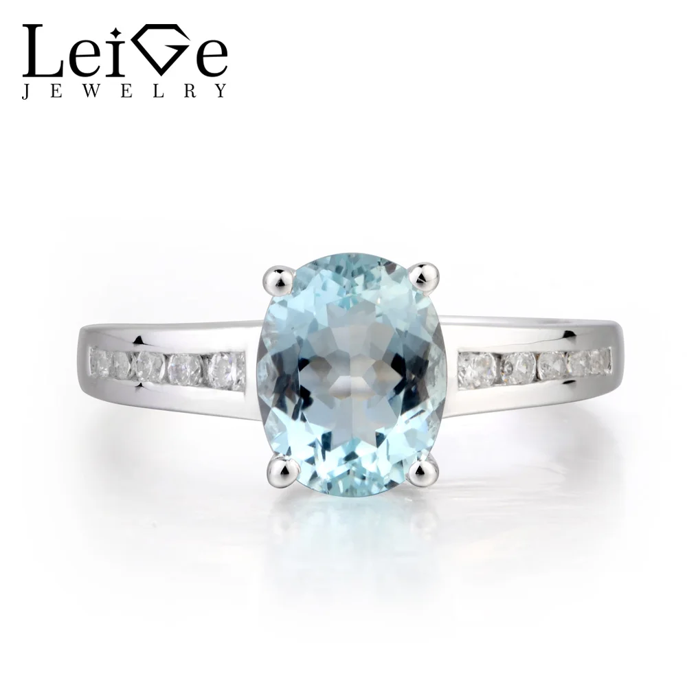 Leige Jewelry Natural Aquamarine Silver Ring Promise Ring March