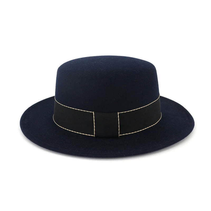 Европейский США с широкими полями простой Fedora шапки для мужчин и женщин плоский верх Джаз Шерсть фетровая шляпа черный Trilby Chapeau с лентой