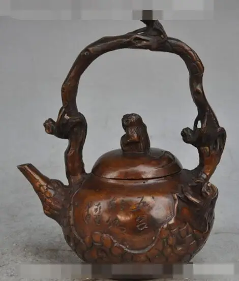 

S5409 8" marked old chinese fengshui bronze copper monkey statue Wine Tea Pot Flagon