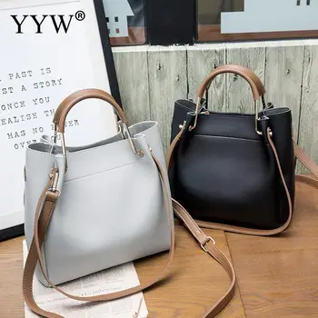 

Solid Soft PU Leather Female Shoulder Bag Women'S Bucket Handbags Light Grey Tote Bags For Women 2018 Designer Top-handle Bag