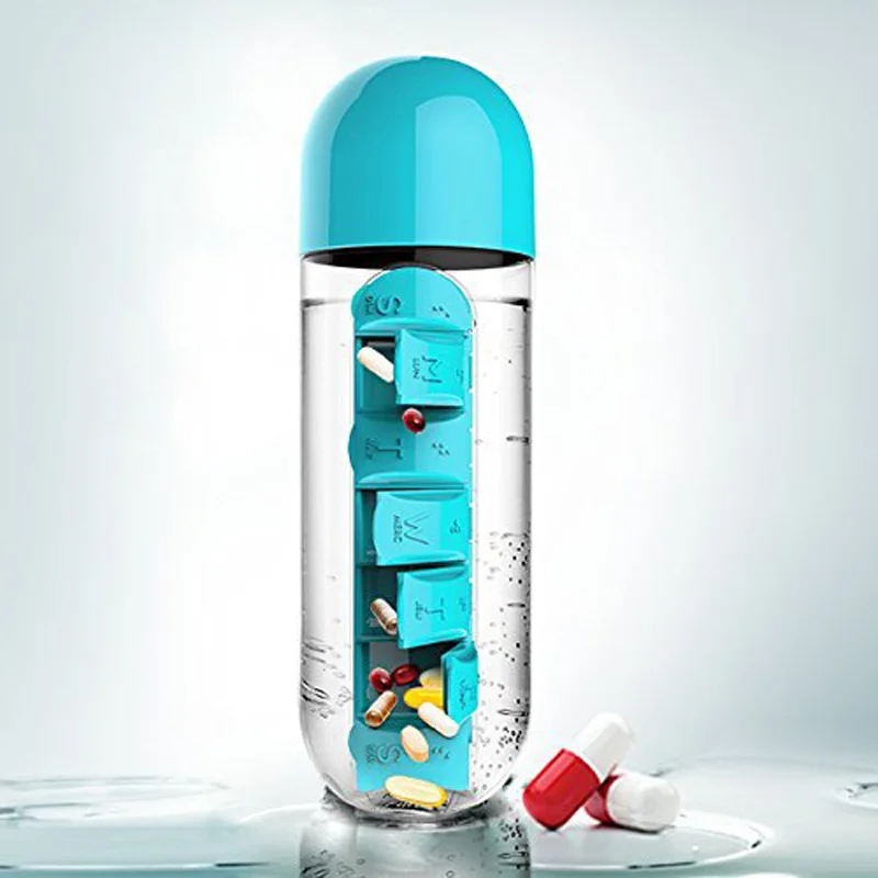 Бутылочка с отсеком. KP-289 бутылка Pill & VITAMEN Organizer Bottle (0,6 литра). Таблетница с водой.
