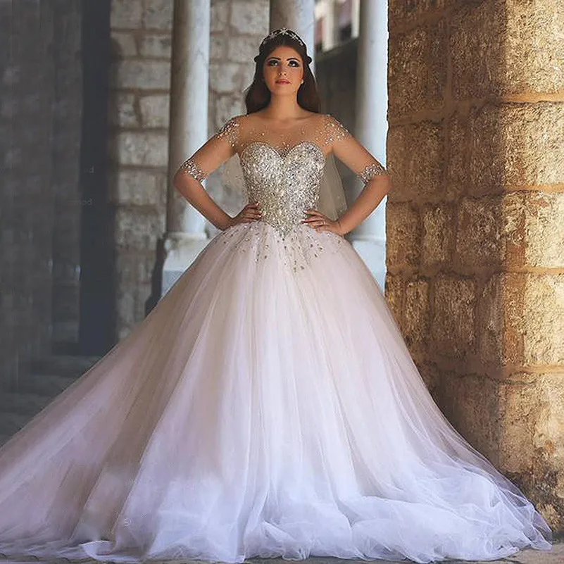 Shining Beading Corset with Sheer Long Sleeves Ball Gown Wedding Dresses 2017 Plus Size Tulle Skirt Bridal Gowns HS11 | Свадьбы и