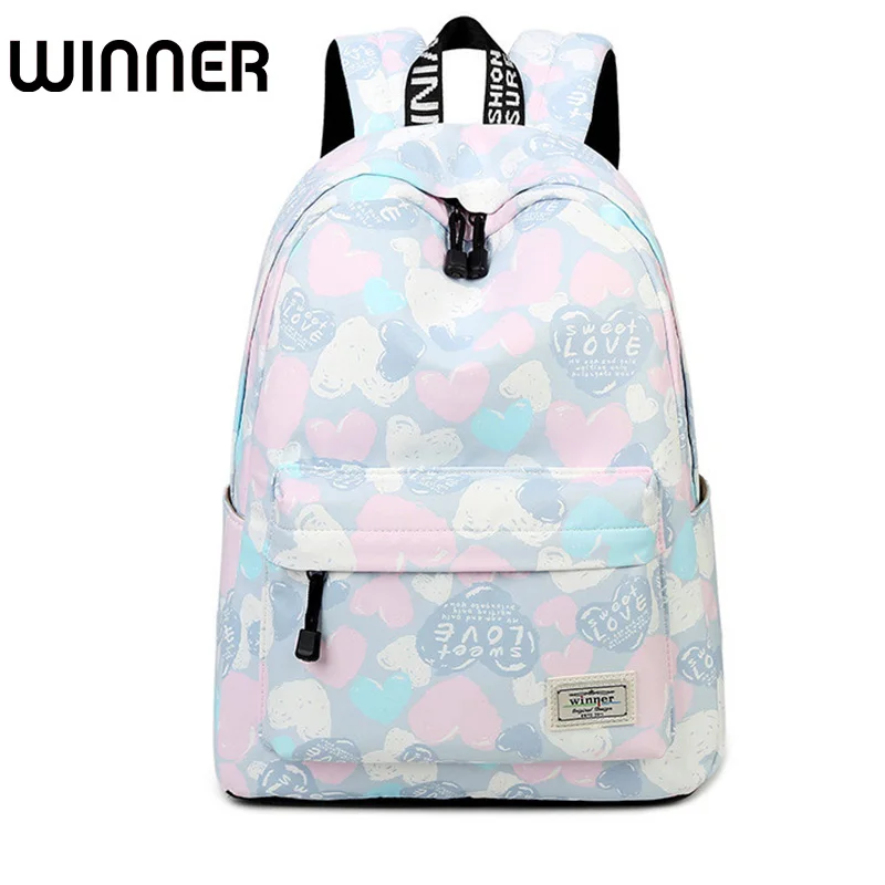 Cute Pink Heart Pattern Printing Bookbag Casual Travel Waterproof Shoulder Schoolbag Lady Backpack Book Bags For Student S