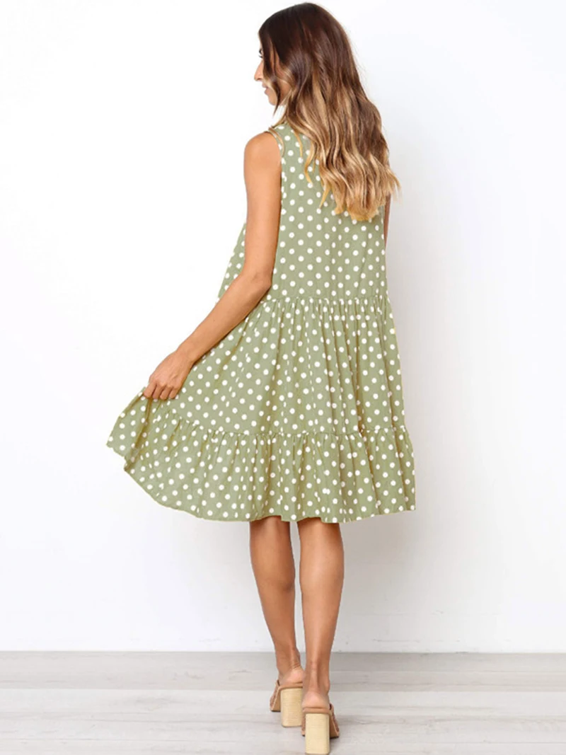 Women's Amazing O-Neck Ruffles Dot Printed Sleeveless Dress-Model4