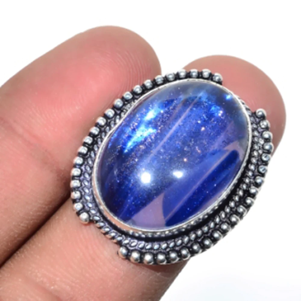

Sun Stone Ring Silver Overlay over Copper , Size:7.25, R5091
