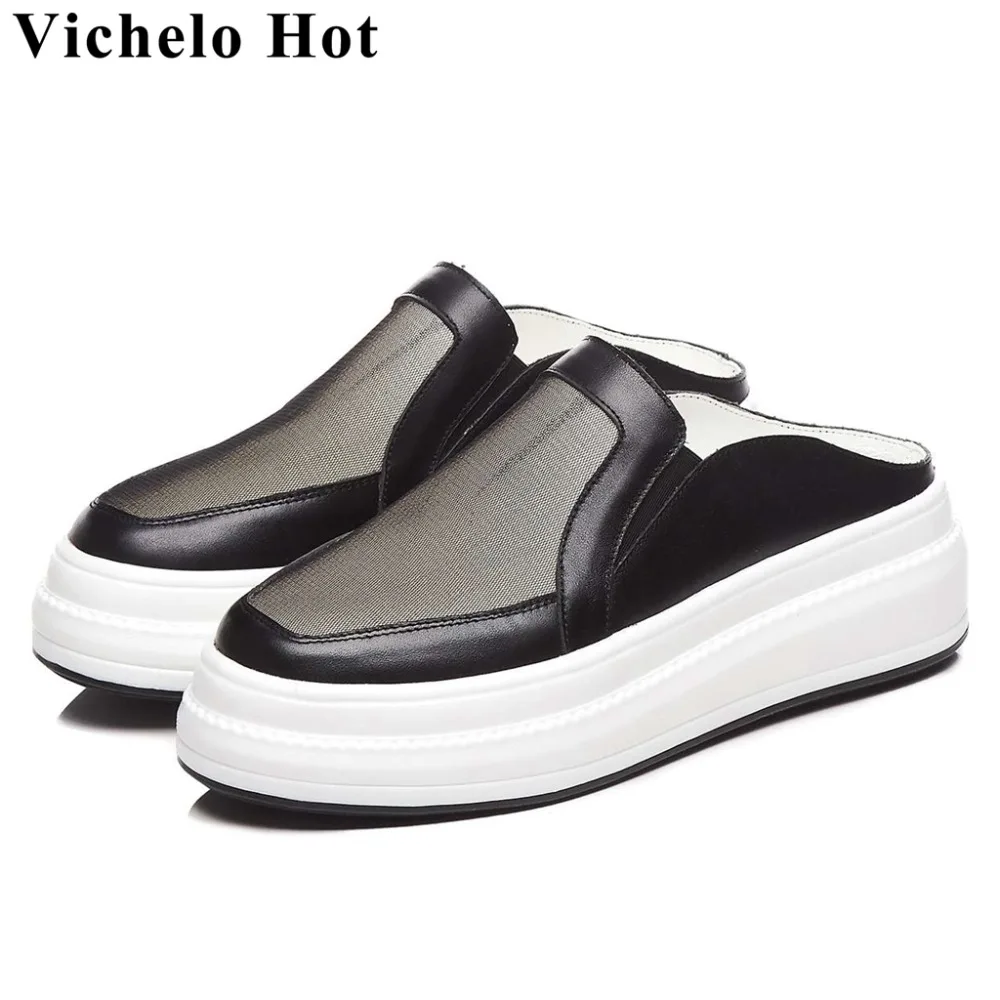 

Vichelo Hot cow leather mesh slip on mules round toe loafer summer well-ventilated flat platform med bottom vulcanized shoes L10