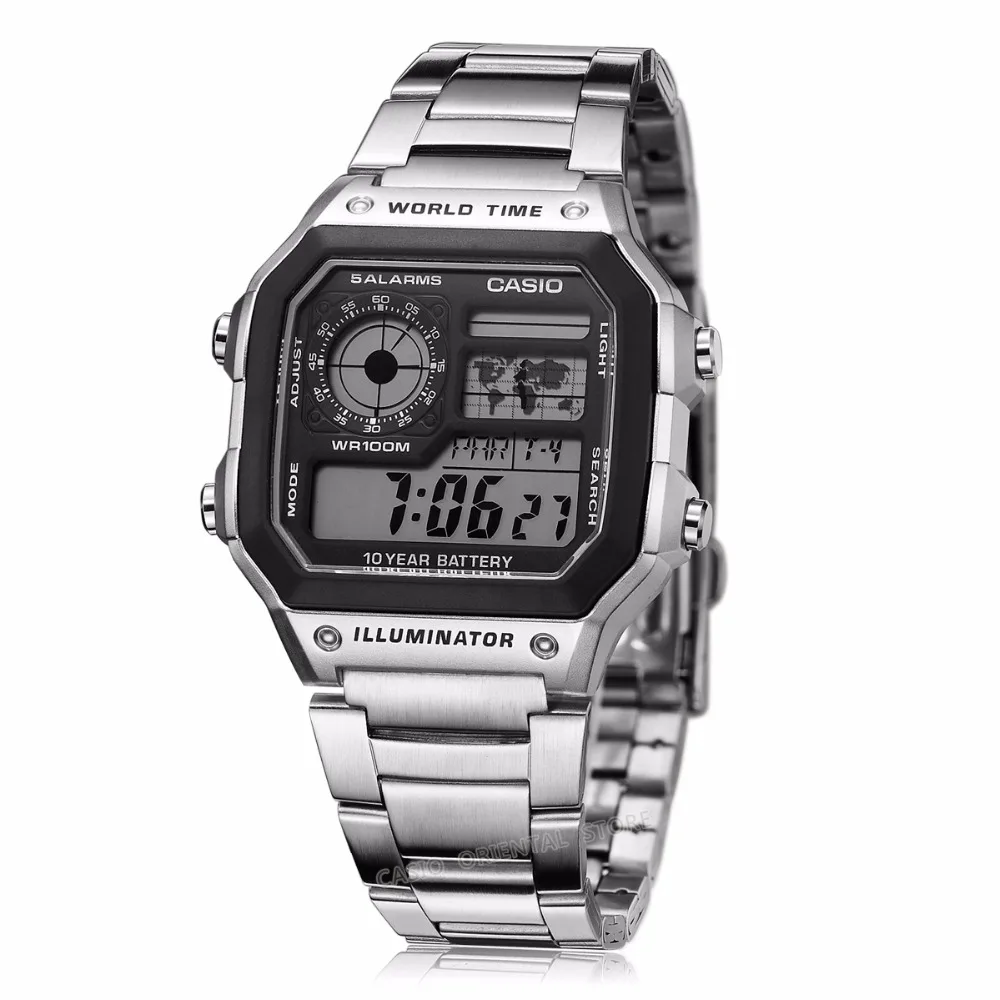 Casio лучший бренд роскошных Мужчин Спортивные AE-1200WHD-1A цифровые Часы Водонепроницаемый Полный Календарь Сигнализация нержавеющей стали группа Relogio