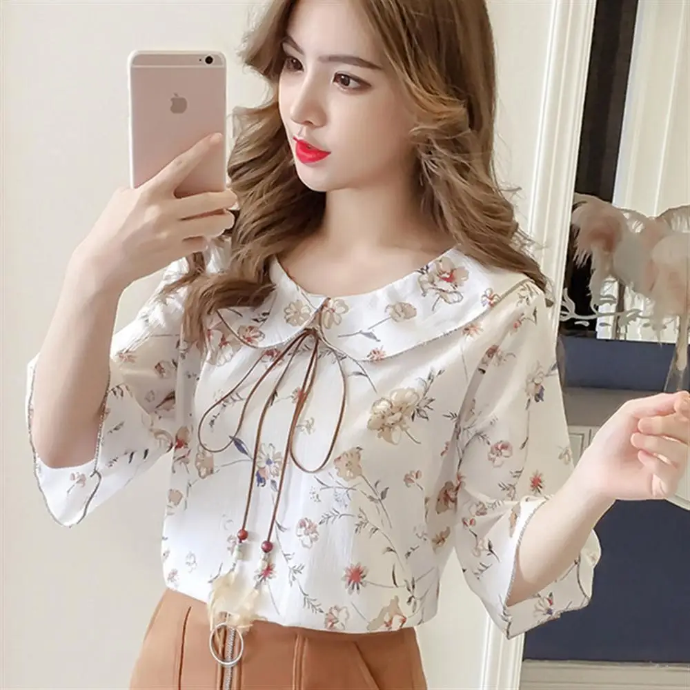 Summer Floral Print Chiffon Blouse Collar Bow Neck Shirt Short Sleeve Ladies Womens Clothing Tops Blusas Femininas |